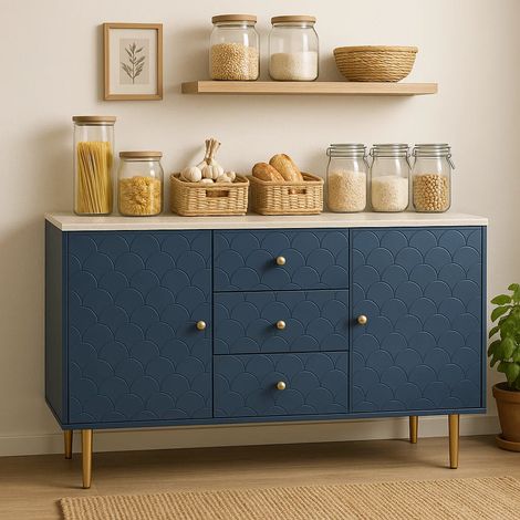 URBAN MEUBLE Commode bleu marine avec 2 portes et 3 tiroirs, Rangement de cuisine (1/5)
