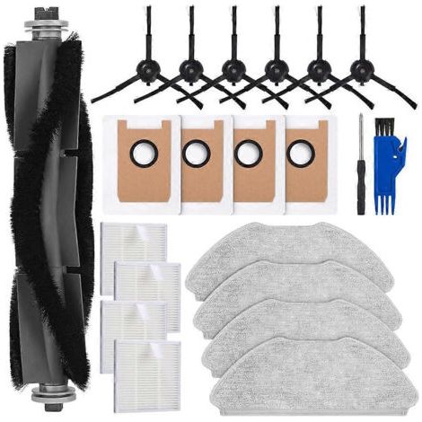 Pièces de rechange pour aspirateur robot Airrobo T20 : brosse principale, filtres HEPA, lingettes de nettoyage et sacs à poussière.