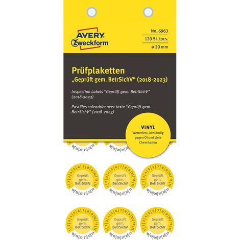 120x Prüfplaketten Geprüft gem. BetrSichV 2018-2023 20mm Gelb Vinyl (1/4)