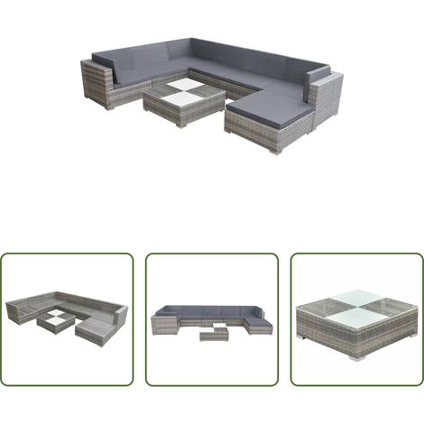 vidaXL Mobilier extérieur - Salon de jardin 8 pcs avec coussins Résine tressée Gris (1/5)