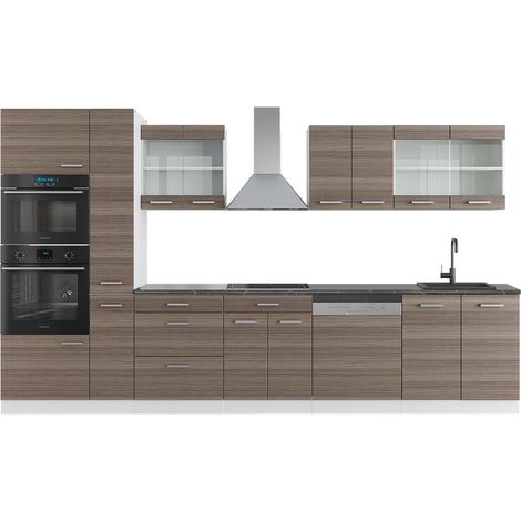 Ligne de cuisine R-Line, gris noble/blanc, 350 cm avec armoire haute, PT Anthracite, Vicco