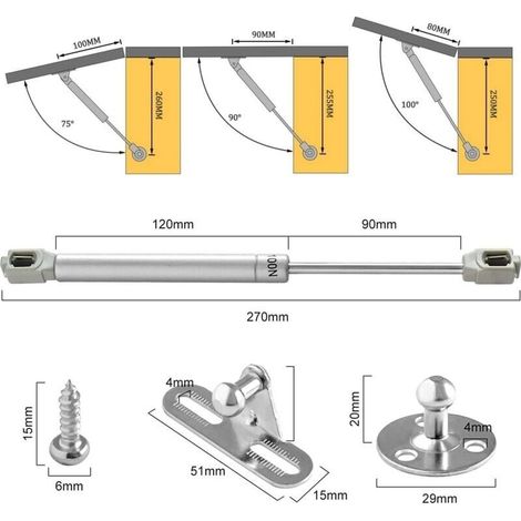 Set di 2 ammortizzatori a gas, 100N / 10kg, ammortizzatori a gas per mobili con viti, ammortizzatori idraulici per mobili da cucina, armadi e porte di camere da letto, cerniere (1/4)