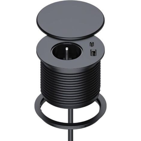 Lntyq Bloc Prise Encastrable, Multiprise Encastrable avec 1 Prise, 1 Port USB C, 1 Port USB A, 75 mm de Diamètre, 1,5M de Câble, Prise Bureau pour la Cuisine, Le Bureau, Les Meubles, Noir