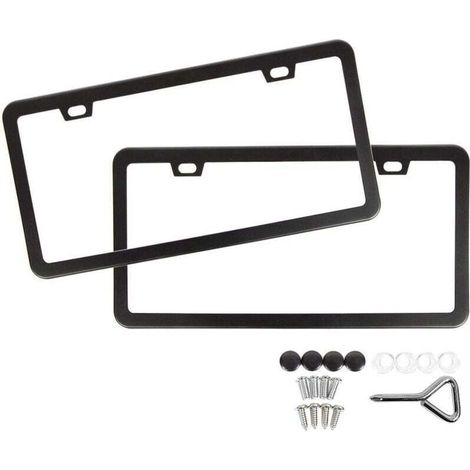 Cadre de plaque d'immatriculation à 2 trous en acier inoxydable avec trou carré et bord fin, accessoires et clé de serrage inclus, noir (1/4)