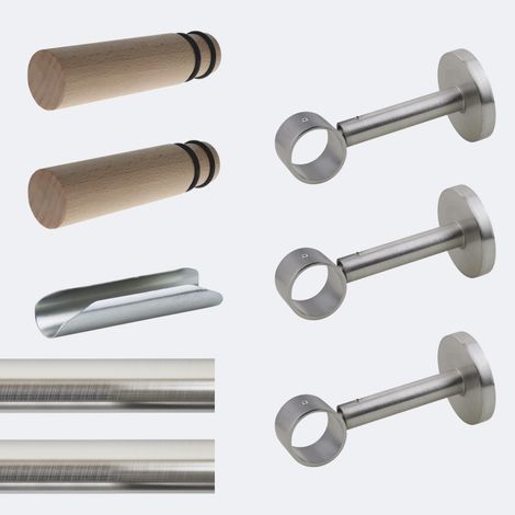 Kit de tringle à rideaux Nickel Mat 300cm Diam.28mm Embout Cylindre Bois - Fixation Mur - Boulet (1/3)