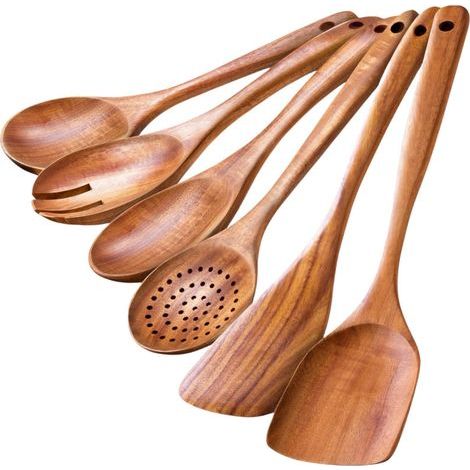Juego de 6 espátulas de madera de acacia, utensilios de cocina naturales. (1/5)