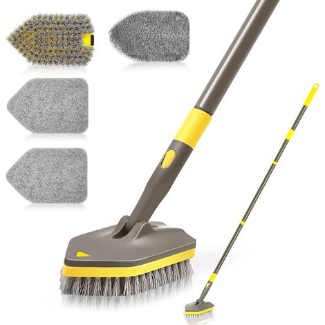 Brosse de Nettoyage, Brosse à Récurer avec Manche Long Télescopique 142 cm, 4 Têtes de Lavage pour Nettoyer la Salle de Bain, la Baignoire, Le Sol, la Plinthe, l'évier, la Cuisine Brun Jaune (1/5)