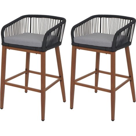 [NEUWERTIG] 2er-Set Rope-Barhocker HHG-110, Outdoor Sitzpolster Seilgeflecht Metall Holz-Optik anthrazit, Kissen hellgrau