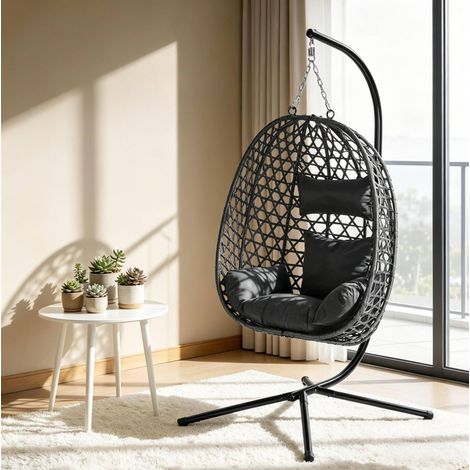 Chaise suspendue 105x105x195 cm en métal et rotin anthracite, moderne pour salon FloraGrace (1/4)
