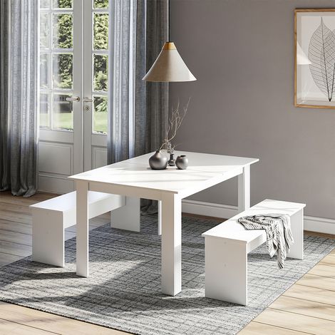 Ensemble de table à manger Sentio, Blanc, 137.6x92.8cm avec 2 bancs, Vicco (1/5)