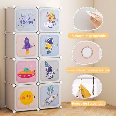 Garde-robe portable pour enfants 8 cubes avec portes et section de suspension, étagère modulaire en cubes dessin animé avec tiroirs - blanc (1/5)