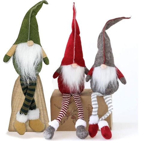GNOME de Noel - Lot de 3 Nains de Noël - Ornements de Noël — tomte scandinave Fait Main pour décoration de Maison — Jolis Ornements de Père Noël - Matériaux de qualité supérieure - Vert, Rouge, Gris