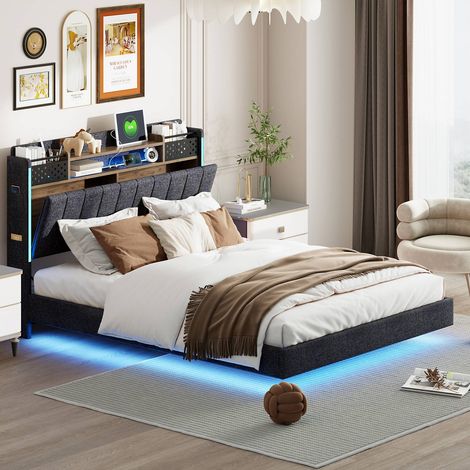 Lit rembourré 140x200 cm avec LED, USB, tête de lit avec rangement, sommier inclus, sans matelas, tissu lin gris (1/5)