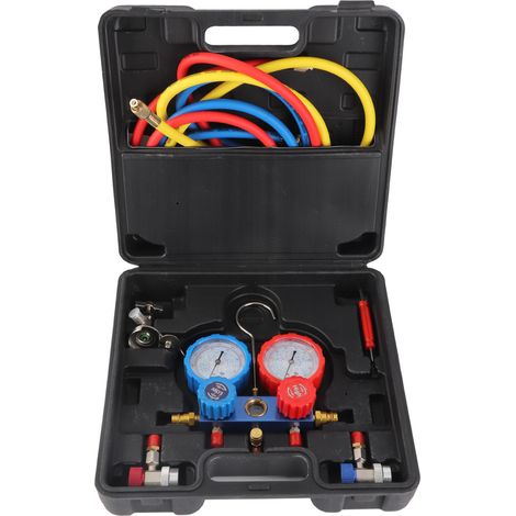 Kit de manomètres à 3 voies pour circuit de climatisation, modèle robuste, avec tuyau de 5 pieds et raccords, compatible avec les fluides frigorigènes R134A, R22, R12 et R502 (1/5)