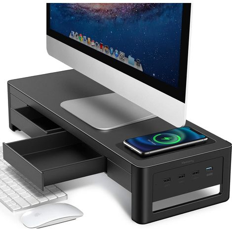 Support de Moniteur avec Tiroir de 4 Ports USB, 3 en 1 support de moniteur d'ordinateur en métal pour transfert de données et charge (1/4)