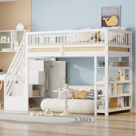 Letto a soppalco in legno massello bianco 90x200 cm con armadio, scaffali, vani contenitore e rete inclusa (1/5)