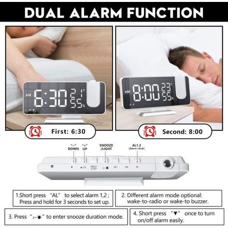 Réveil à Projection - Horloge Numérique Electrique Fonction Snooze - Volume Réglable Réveil - Blanc (1/4)