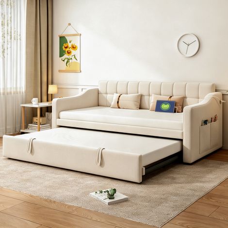 Sofá cama extensible 90x190 cm con puertos USB, para dormitorio, terciopelo beige, estructura de metal y madera (1/5)