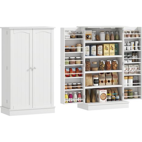 Armoire meuble de cuisine garde-manger 2 portes avec 5 étagères et 12 porte-épices - 60 x 30 x 104 cm - blanc