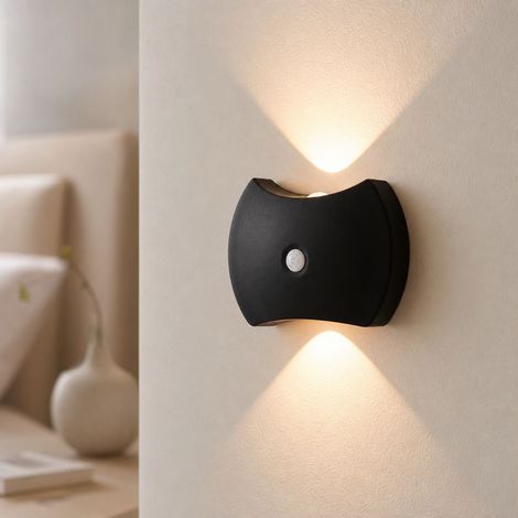 Applique murale LED à détection de mouvement, éclairage bidirectionnel design courbé, sans fil, noir ou doré, 10,5x7,2cm (1/5)