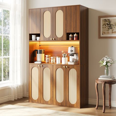 Mueble alto de almacenaje con LED regulable, 8 puertas, MDF y PE ratán, natural OKMYHOME (1/5)