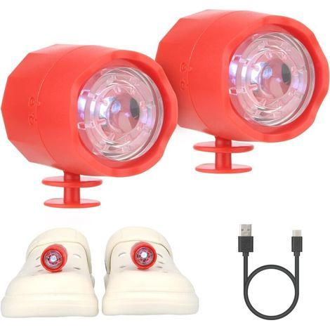 Phare pour Croc, 2Pcs LED Lumière Sabots Chaussures Phares IPX5 Chaussures Imperméables Lumières pour Promenade de Chien, Camping, Lumière de Charge Type C, Convient aux Adultes Enfants (rouge) (1/5)