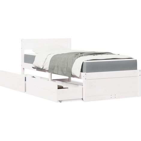 Bett mit Schubladen und Matratze Weiß 90x200 cm Massivholz (1/5)