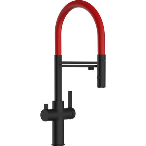 Rubinetto 3 vie miscelatore cucina Nero Opaco con canale separato per acqua filtrata, canna rossa movibile e doccia due getti staccabile - Serie FC (1/5)