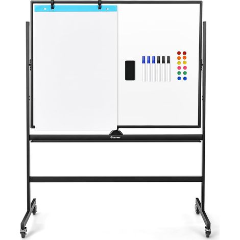COSTWAY Pizarra Magnetica, Doble Cara, 90 x 120 cm, Pizarra Blanca con Soporte, Altula Regulable, 4 Ruedas Bloqueables, Rotafolio, 6 Marcadores, 12 Imanes y 1 Borrado (1/5)
