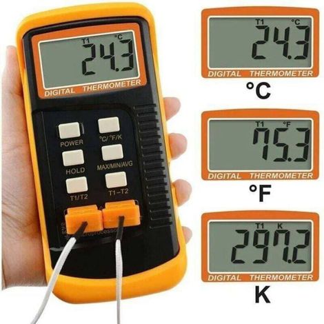 Thermomètre numérique de type K 1300°C – 2 canaux avec 4 thermocouples – Écran LCD 5 chiffres – Étui en caoutchouc inclus (1/4)