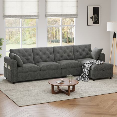 Canapé d'angle convertible en velours gris avec coffre de rangement, méridienne réversible gauche/droite et poches latérales – CHICFURN (1/5)