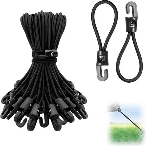 25 tenditori elastici con ganci, corde elastiche resistenti da 10 cm per tende e teloni, ganci di fissaggio multifunzionali, neri (1/5)