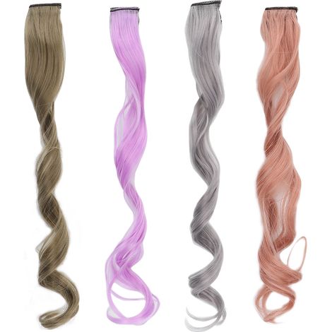 4 mèches de cheveux synthétiques colorées avec mèches highlights à clips, longue et tendance, pour femmes et filles (1/5)