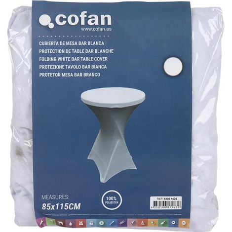COFAN cubierta de mesa bar blanca , Cubierta de mesa de bar apta para las mesas altas de eventos y fiestas. Es de fácil instalación y lavado. Este producto es de poliéster elástico (1/4)