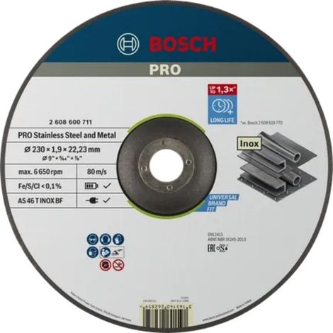BOSCH - MOLA DA TAGLIO A CENTRO DEPRESSOPER INOX 230X1.9X22,23MM (1/4)