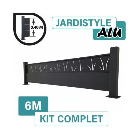 Kit Clôture Aluminium Gris Anthracite 6M - Design Tahiti - Sur Platines - 0,40 mètre