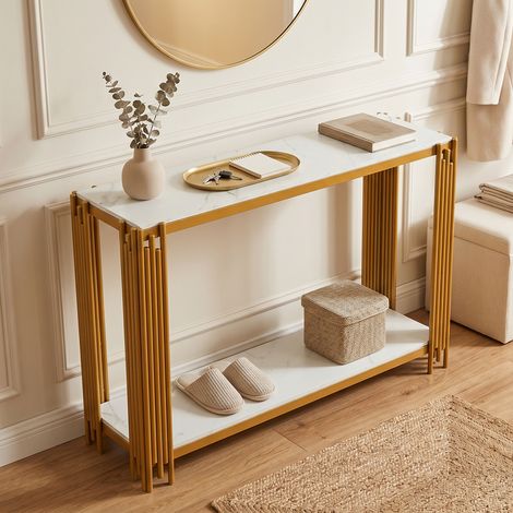 Tavolo console con 2 ripiani, tavolo da ingresso in effetto marmo, struttura in metallo dorato con effetto scintillante, tavolo moderno per ingresso, soggiorno e camera da letto - H80/B123.5/T33.5 cm (1/5)