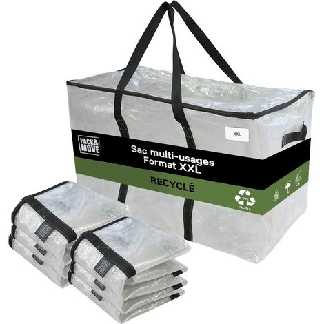 Pack and Move - Lot 6 Grands Sacs Déménagement Transparent Recyclés - Rangement Et Transport Ultra Résistant - Réutilisable - Poignées Solides - 100L
