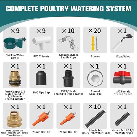 Chicken Water Trough - Automatic Watering System for Poultry, Duck, Goose, with Cups and Water Pipes, for Watering Chickens, Ducks and Geese (1/4)