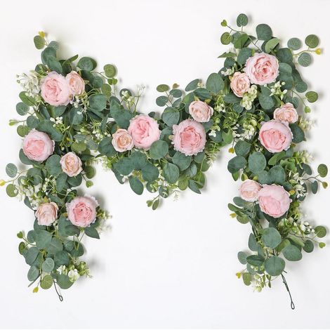 2er Set Künstliche Blumengirlande Eukalyptus mit Pfingstrosen und Rosen, 200cm Hellrosa (1/5)