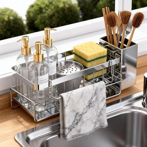 Porte-éponge pour évier de cuisine, organisateur en acier inoxydable, inclinaison à 30° avec drainage automatique, porte-éponge et égouttoir amovibles