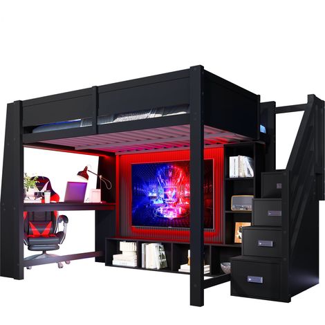 Lit mezzanine 140x200cm Lit effent avec éclairage LED avec bureau intégré et 3 échelle rangement - MDF - Noir (1/5)