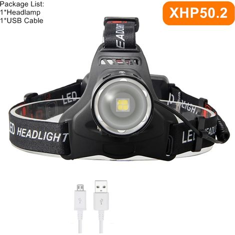 (Pack A) Lampe frontale LED puissante XHP70.2 XHP50.2 avec zoom, lampe torche, batterie 18650 rechargeable par USB, lanterne de pêche (1/5)