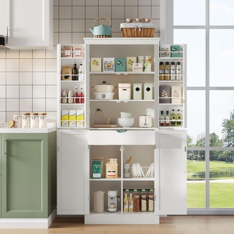 Aparador de cocina - 182 x 75 x 40 cm - Despensa multifuncional con cajón interior y espacio de almacenamiento en la puerta - Blanco (1/5)