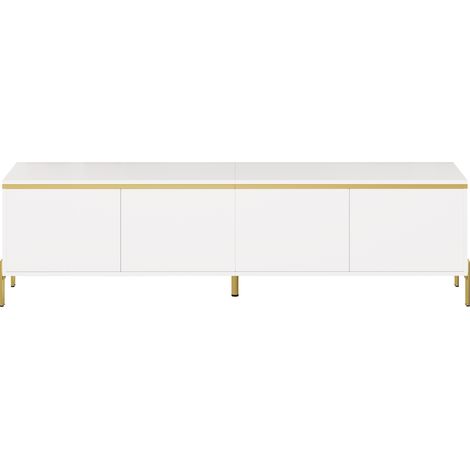 Mueble TV moderno blanco brillante con 4 puertas, pasacables y patas de metal (1/5)