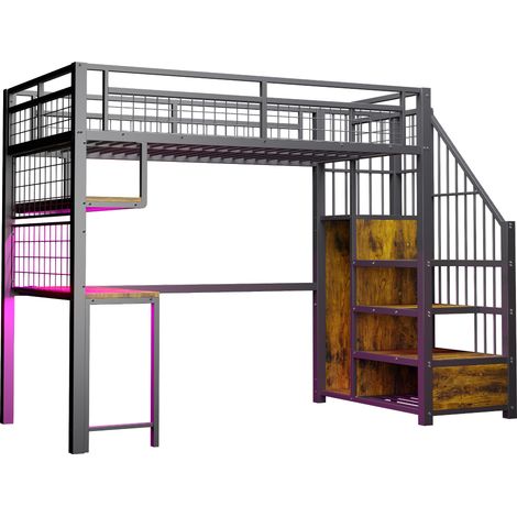 Lit mezzanine en métal 90 x 200 cm, avec barre lumineuse LED et prise de charge, avec escalier de rangement et armoire simple, complet avec étagères, bureau et étagère grillagée, noir