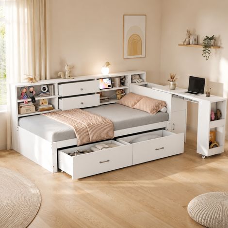 Letto multifunzione in legno bianco 90x200 cm con cassetti, scrivania estraibile e prese USB
