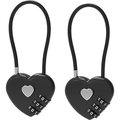 Set of 2 combination padlocks – Heart-shaped portable padlock for backpacks, luggage and jewelry boxes (black) (1/5)