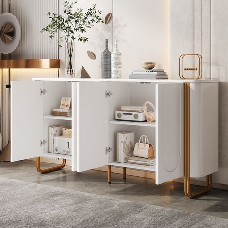 Credenza 160x35x80.5 cm, quattro ante push to open, rilievo ad arco, MDF bianco (1/5)