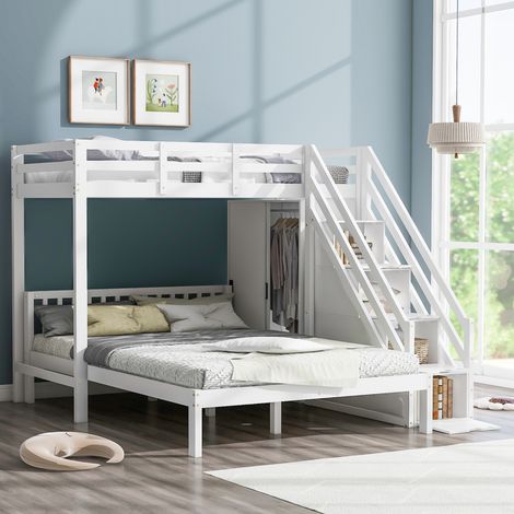 Lit superposé enfant 90x200 cm + 140x200 cm - avec armoire et escalier de rangement - en bois massif et MDF - Blanc (1/5)